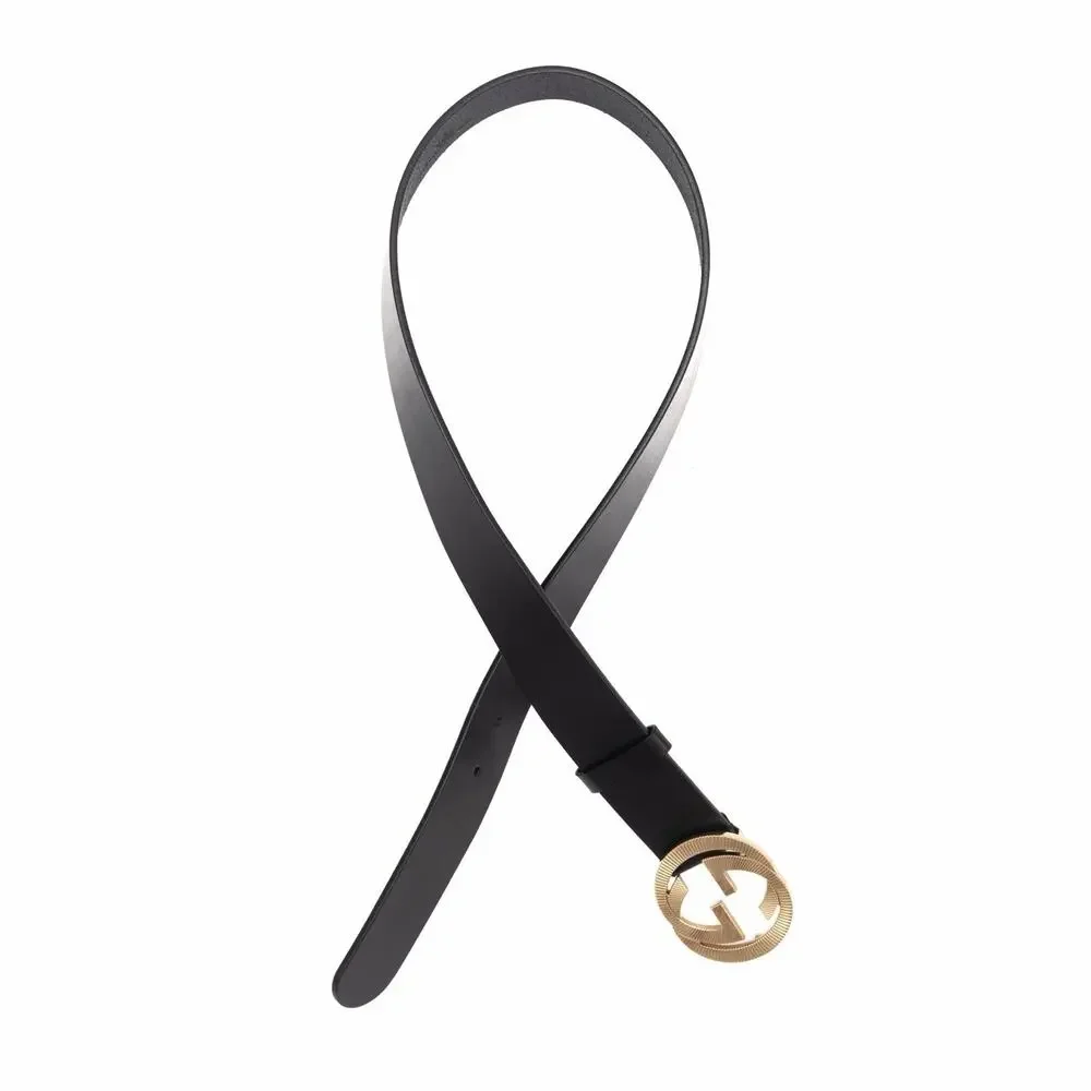 570$ GUCCI Black Leather Belt Gold-Tone Textured Interlocking GG Buckle 85/34